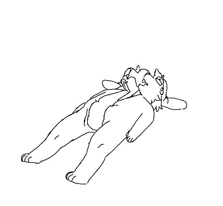 Digital black and white illustration of my American fuzzy lop rabbit fursona, Pierre, lying flat on the ground with his mouth open, bisected in half down the middle.